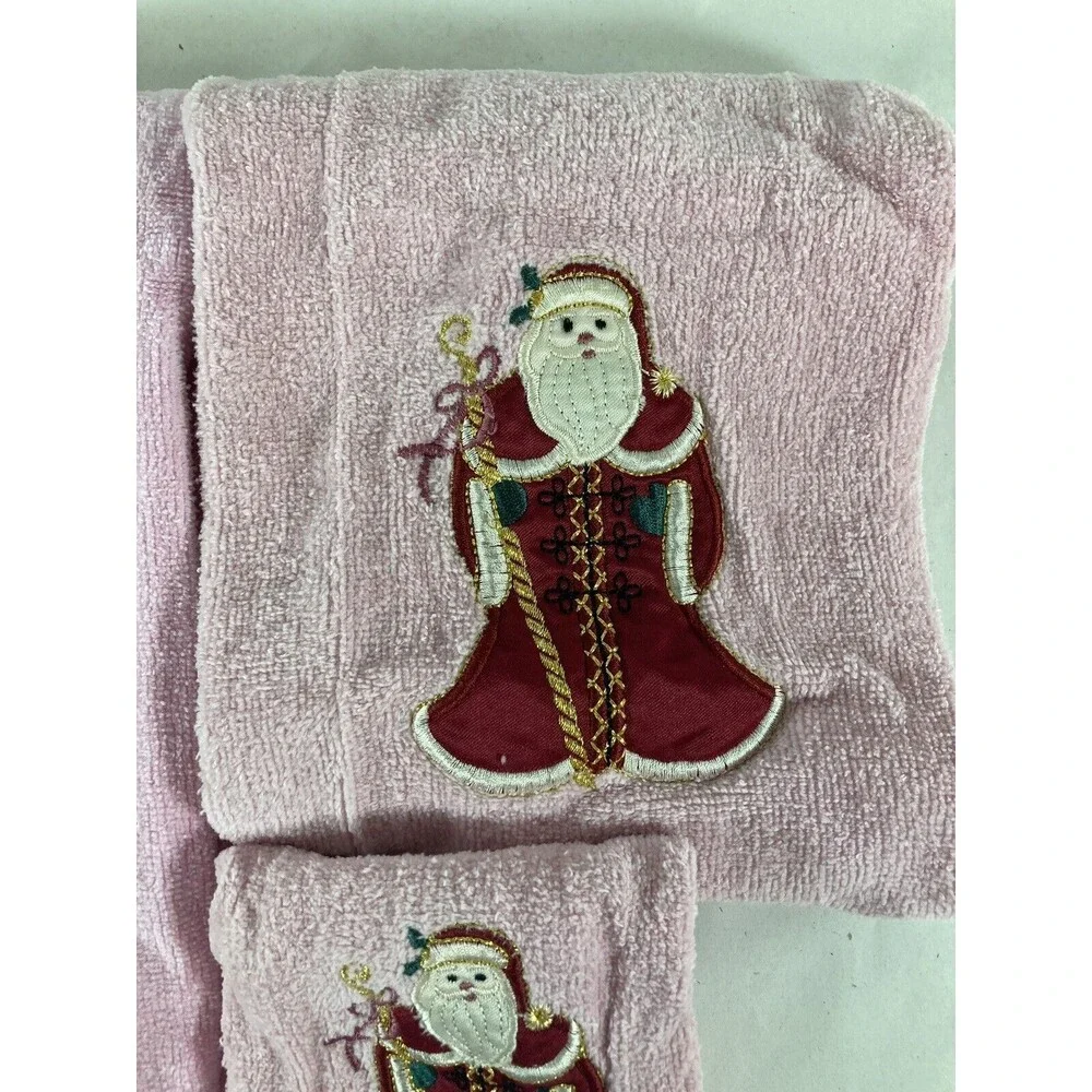Vtg Christmas Santa Towels Pink Bath & Hand Towel & Washcloth Made In Thailand